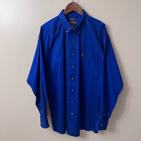 ARIAT Solid Twill Fitted Long Sleeve Shirt Button down Men’s Blue Size 2XL - Picture 2 of 13
